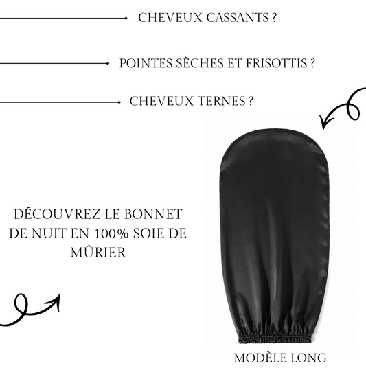 Bonnet de nuit long en soie noir contre les cheveux cassants, pointes sèches et frisottis, modèle long