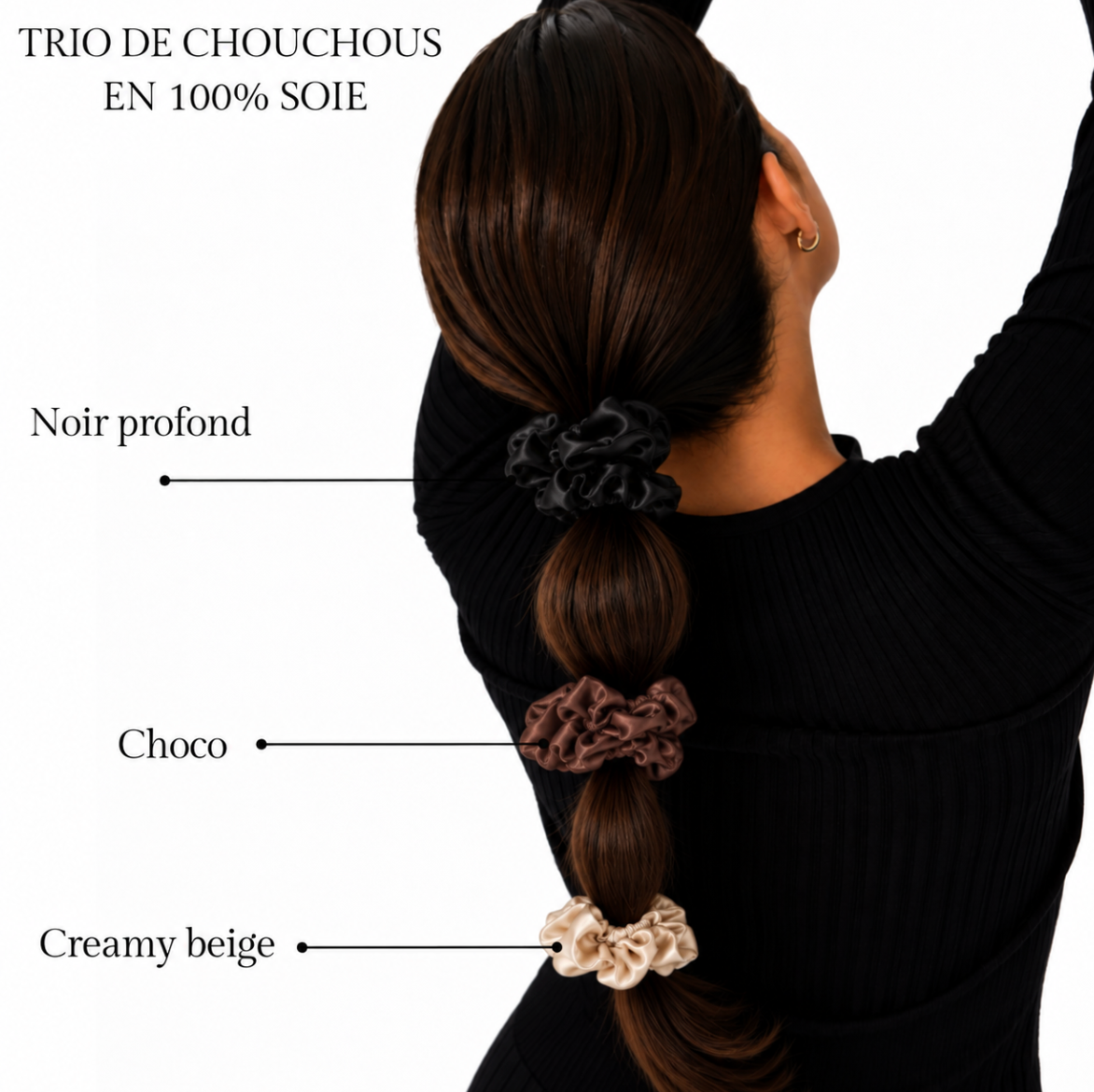 Cheveux attachés avec trois chouchous en soie : noir profond, choco et creamy beige