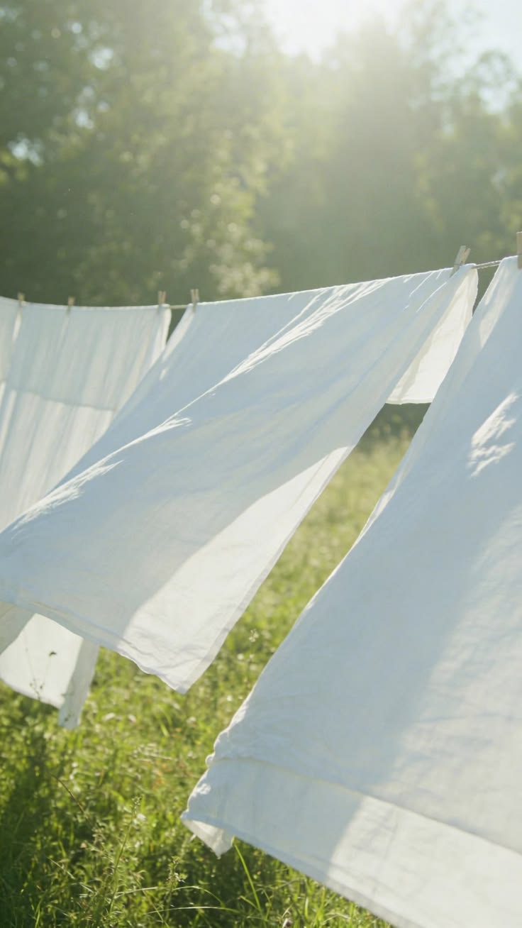 Linge blanc qui sèche à l'air libre sur un fil, au soleil