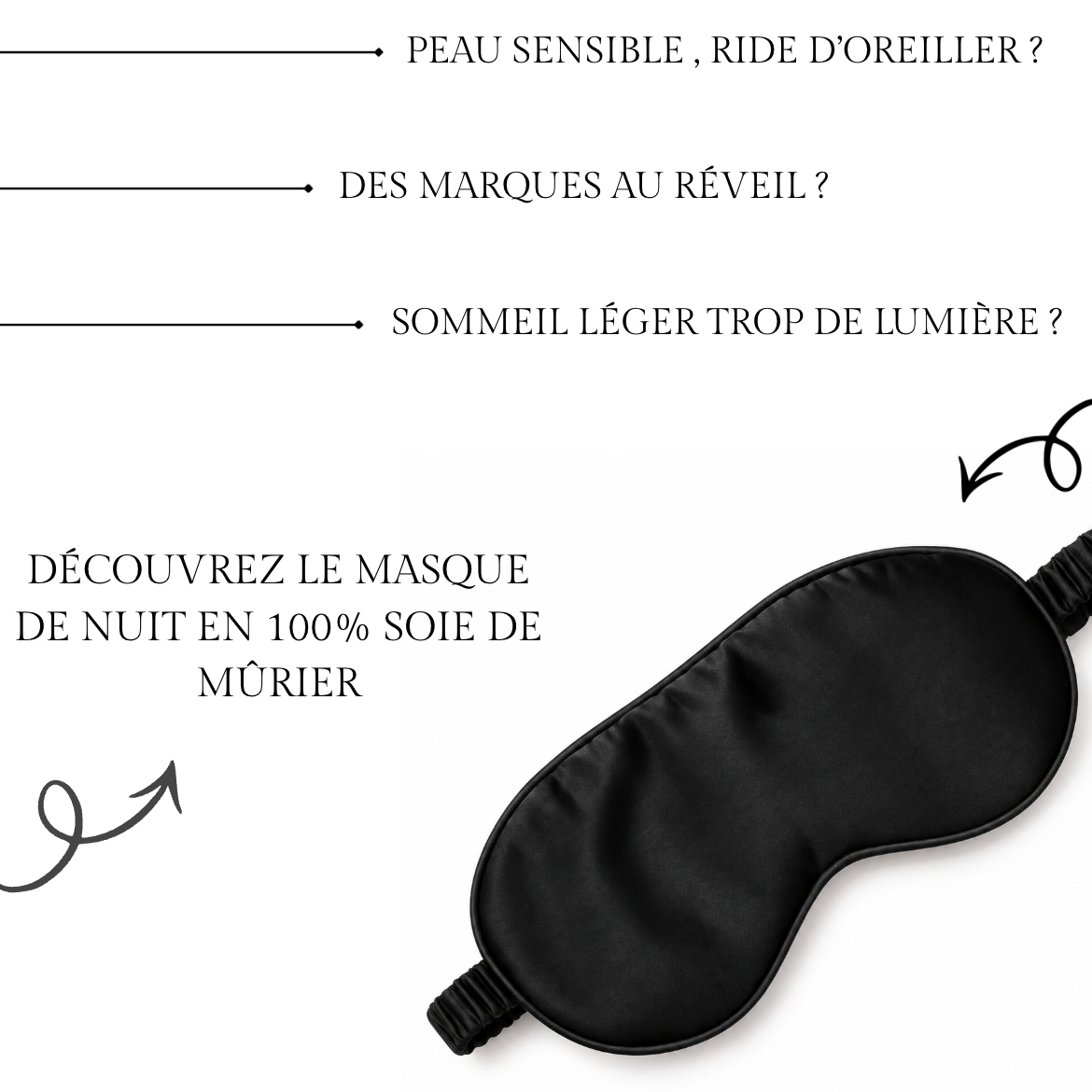 Masque de nuit en soie de mûrier noir pour peau sensible, marques d'oreiller et sommeil léger
