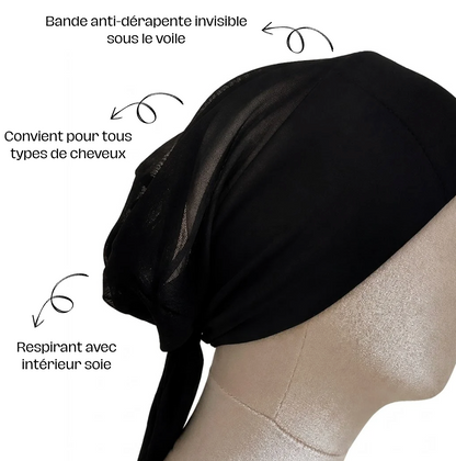 Bonnet sous-voile noir : bande anti-dérapante invisible, respirant avec intérieur en soie, pour tous types de cheveux