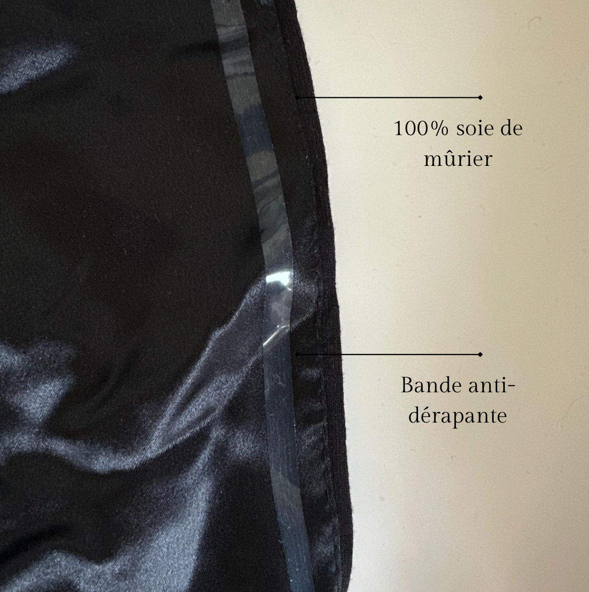 Gros plan sur l'intérieur en soie de mûrier et la bande anti-dérapante du bonnet sous-voile
