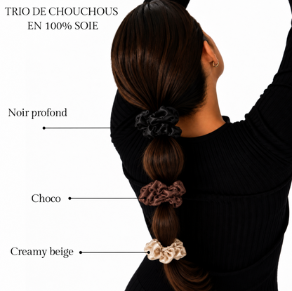 Cheveux attachés avec trois chouchous en soie : noir profond, choco et creamy beige