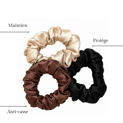 Trio de chouchous en soie teintes chocolat : creamy beige, marron chocolat et noir, maintien et anti-casse