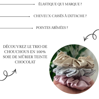 Trio de chouchous en soie de mûrier teintes poudrées contre l'élastique qui marque et les pointes abîmées