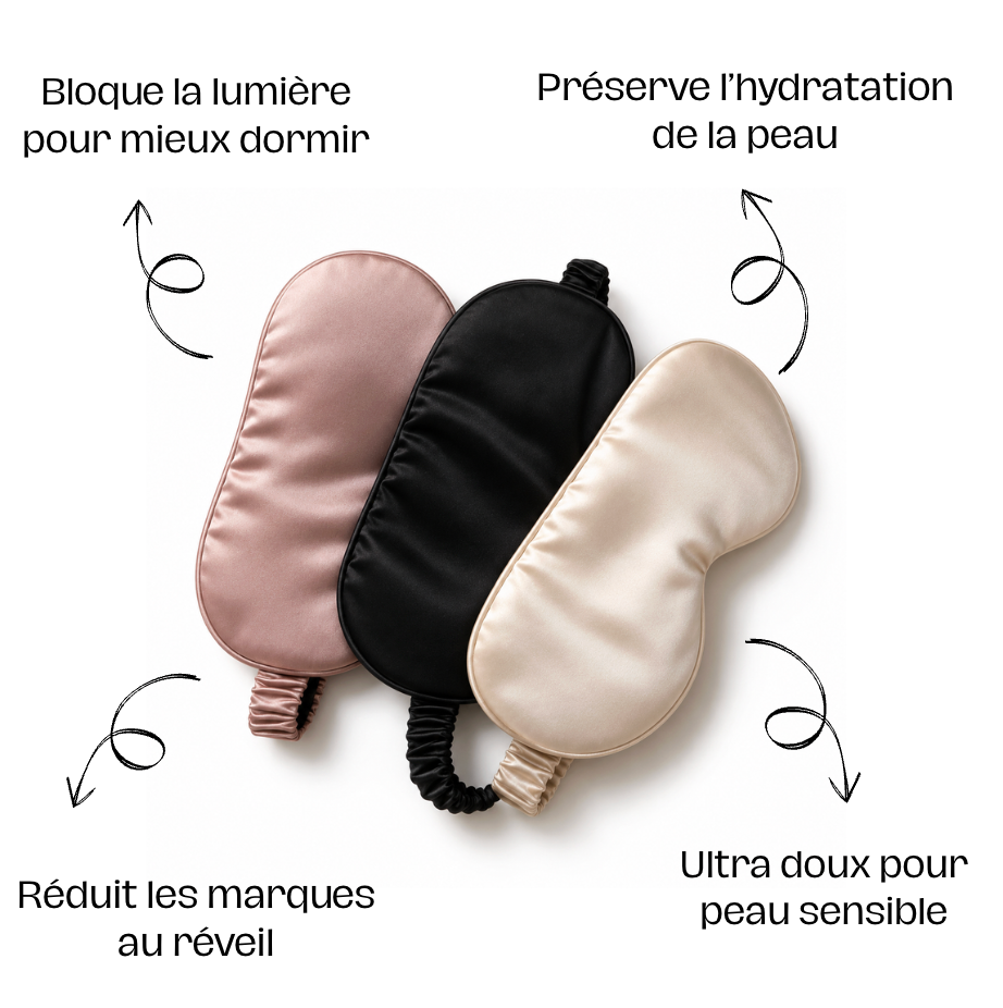 Trio de masques de nuit en soie rose poudré, noir et beige champagne : bloque la lumière, réduit les marques au réveil
