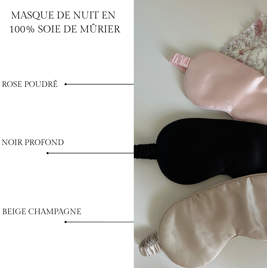 Nuancier du masque de nuit en soie de mûrier : rose poudré, noir profond, beige champagne