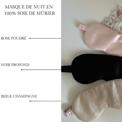 Nuancier du masque de nuit en soie de mûrier : rose poudré, noir profond, beige champagne