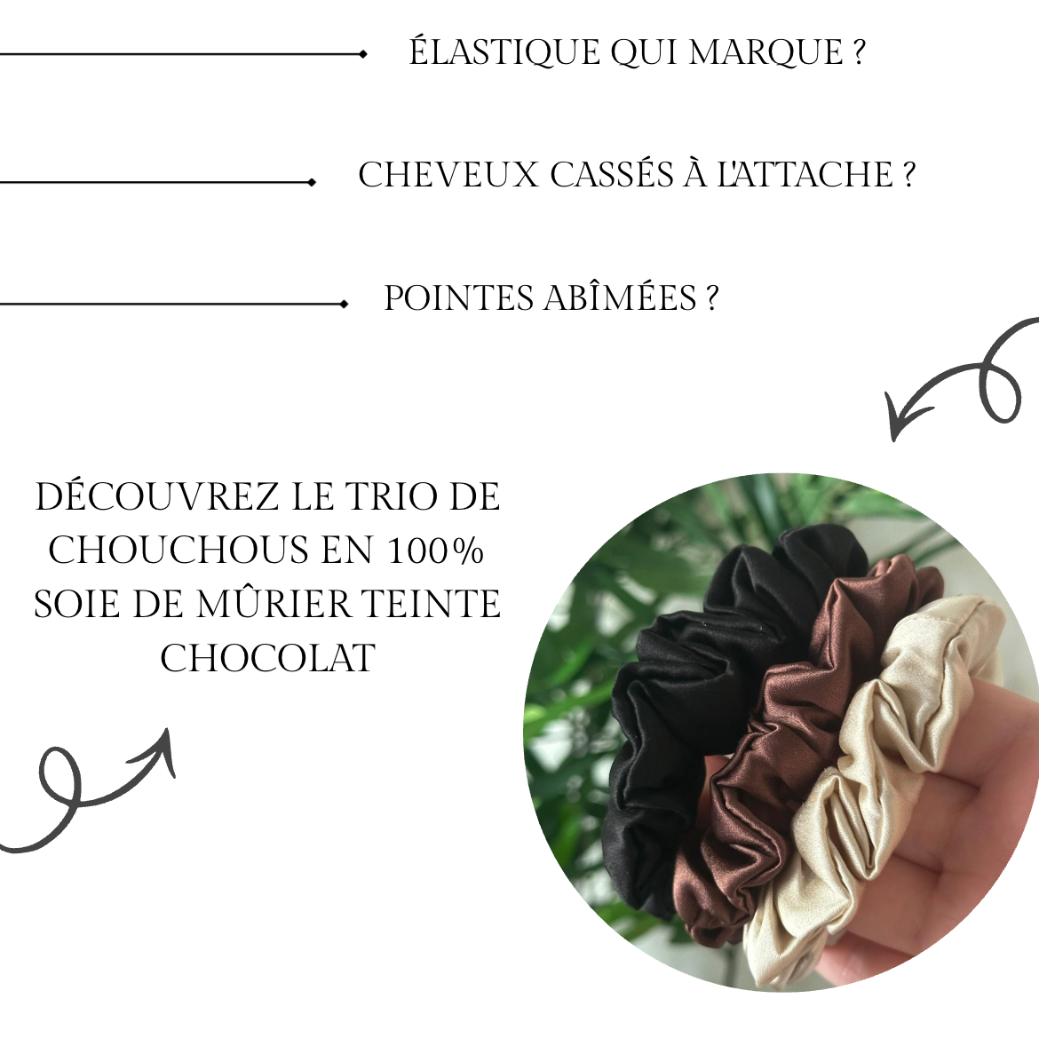 Trio de chouchous en soie de mûrier chocolat contre l'élastique qui marque et les cheveux cassés