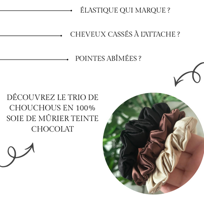 Trio de chouchous en soie de mûrier chocolat contre l'élastique qui marque et les cheveux cassés