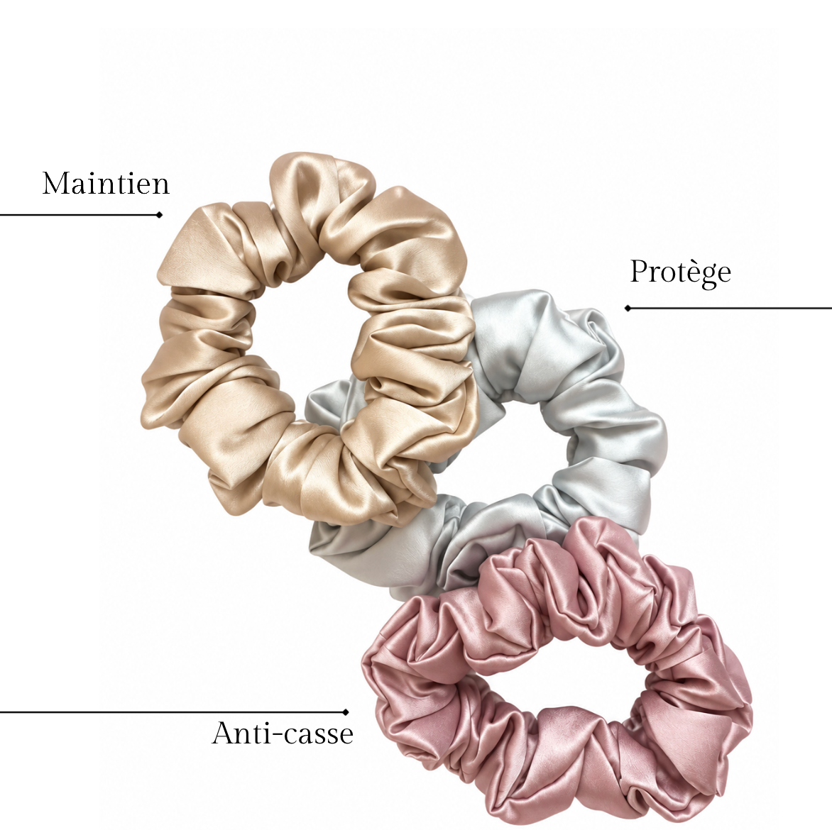 Trio de chouchous en soie teintes poudrées : beige, gris clair et rose poudré, maintien et anti-casse