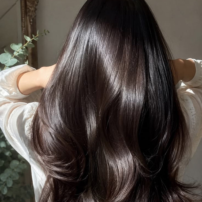 Femme de dos aux longs cheveux bruns brillants et soyeux