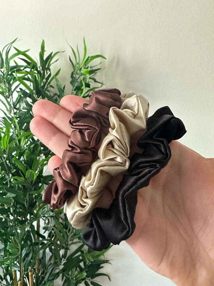 Trio de chouchous en soie marron chocolat, beige et noir tenu en main devant une plante verte