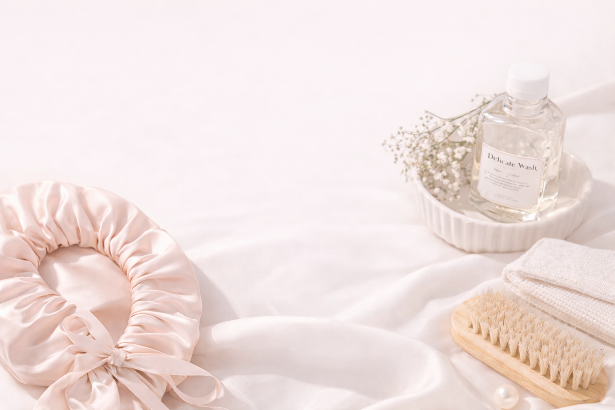 Bonnet en soie rose poudré avec un flacon et une brosse, ambiance soins de beauté délicats