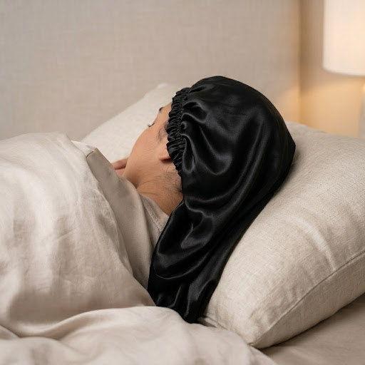 Femme allongée sur un oreiller en lin portant un bonnet de nuit long en soie noir